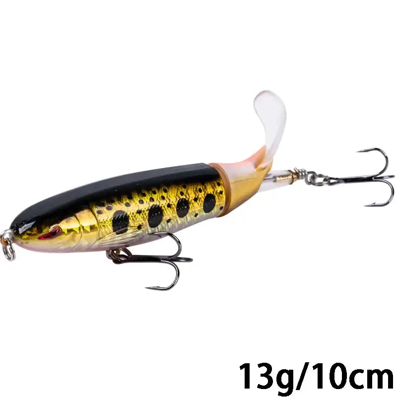 Goture Whopper Popper 10cm topwater fishing lure with rotating tail for pike and predator fish targeting.