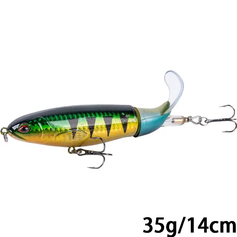 Goture Whopper Popper 14cm topwater fishing lure with rotating tail and pike-attracting features.