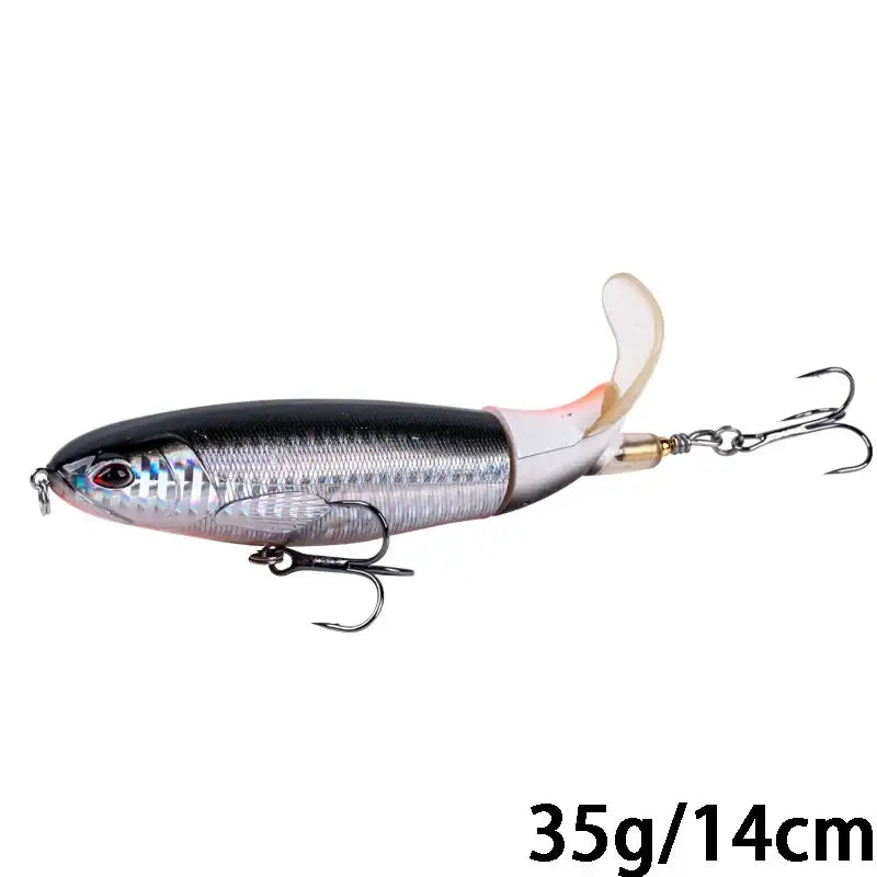 Goture Whopper Popper 14cm topwater fishing lure with rotating tail, ideal for pike and predator fishing.