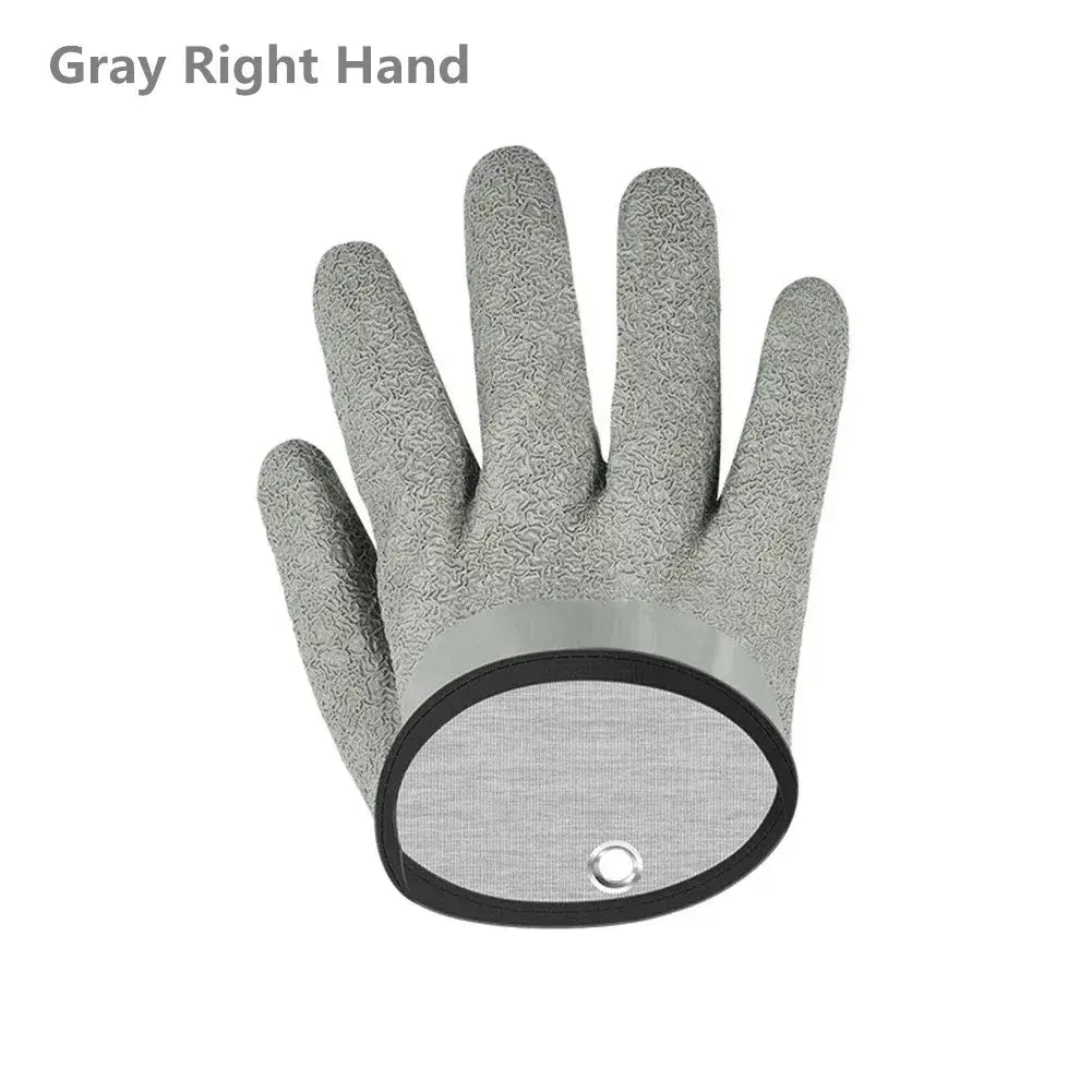 Gray right-hand fishing glove featuring anti-slip grip and durable knit design for protective wear.