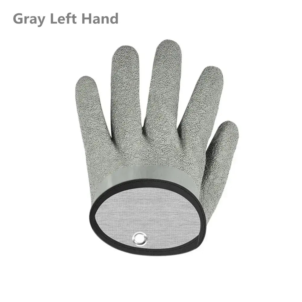 Gray left-hand fishing glove with anti-slip surface and snug fit for cut protection and secure grip.