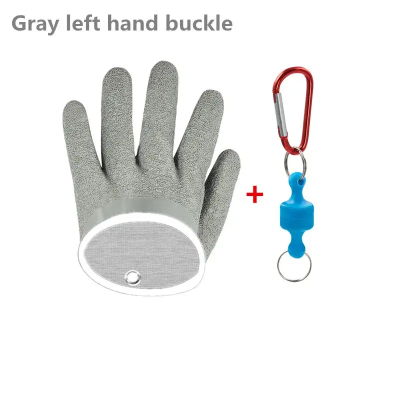 Gray left hand fishing glove with buckle and carabiner, featuring cutproof protection and adjustable fit.