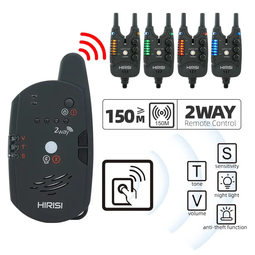 Hirisi Carp Fishing Alarm Set featuring wireless remote control, 150m range, and programmable settings for alerts.