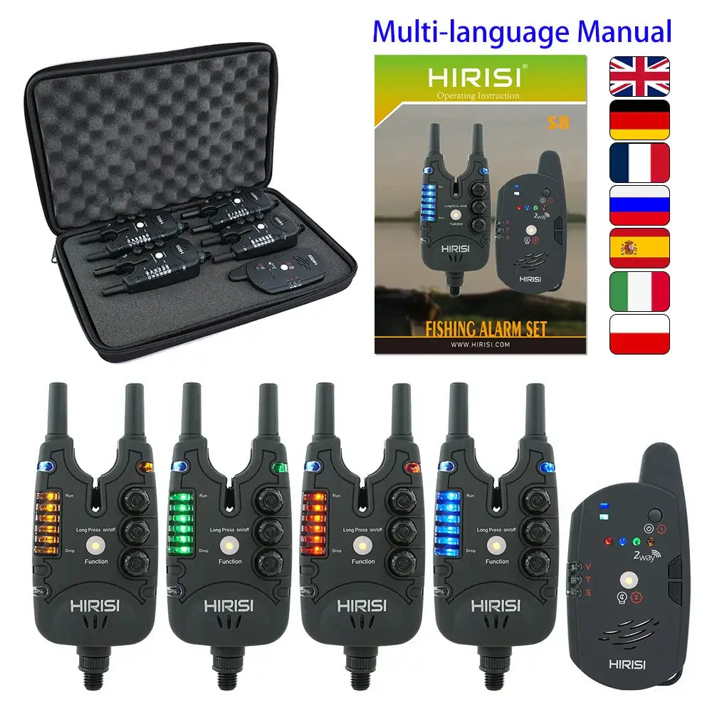 Hirisi Carp Fishing Alarm Set S8 with remote control and multilingual manual for fishing enthusiasts.
