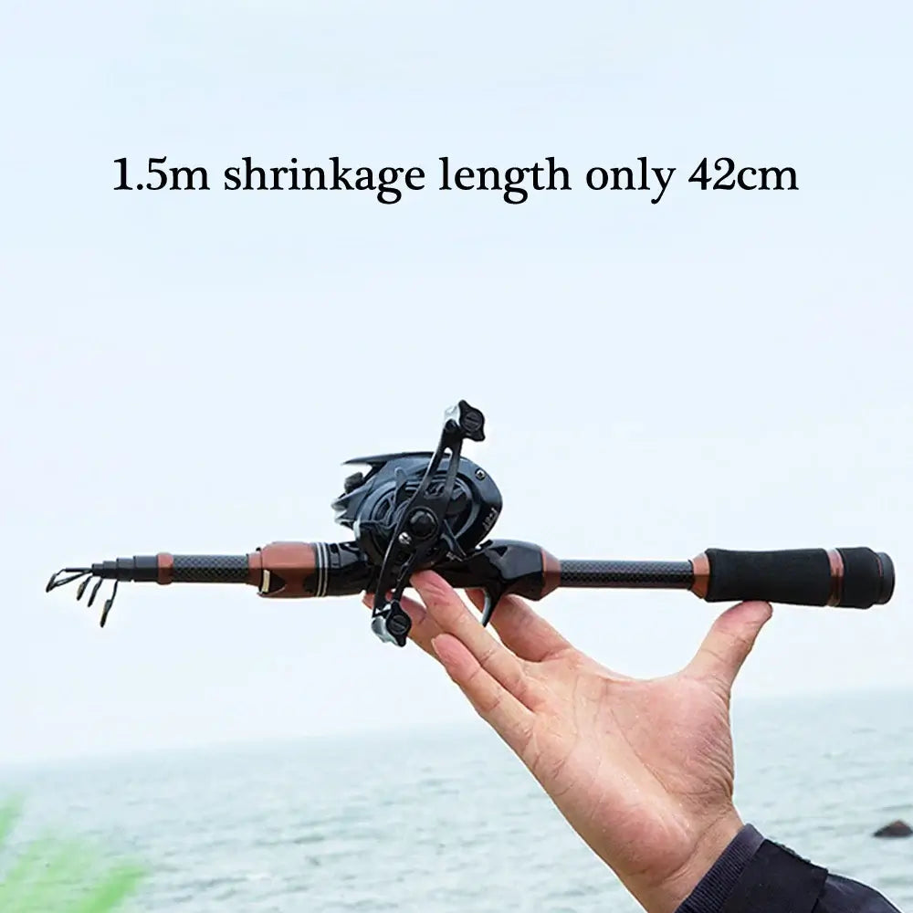 HLUR 1.5m telescopic carbon fiber spinning rod held in hand, compact at 42cm for easy transport, perfect for fishing.
