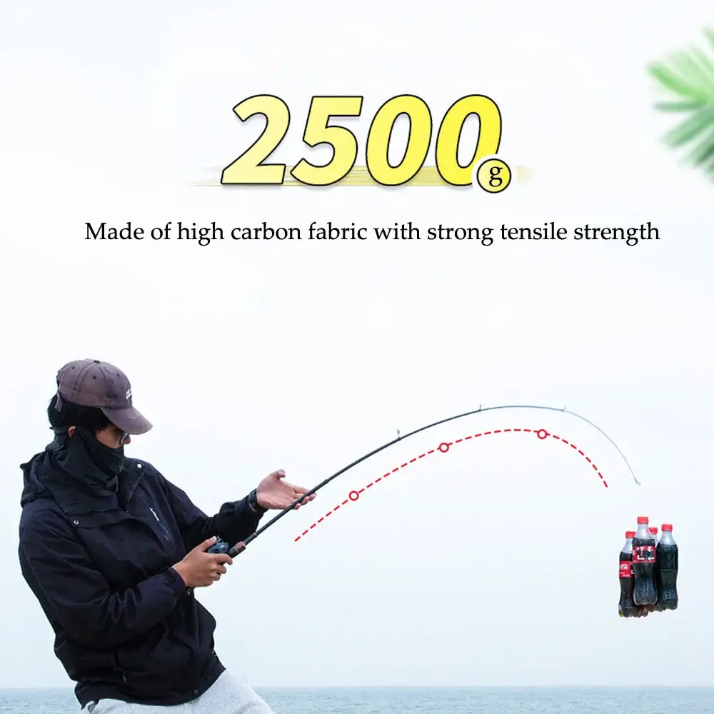 Person fishing with the HLUR Carbon Fiber Spinning Rod, showcasing its 2500g strength, highlighting its durable design.