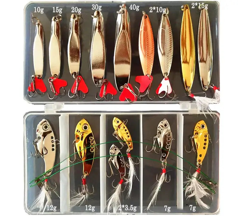 Hot Brilliant Metal Jig Spoon Fishing Lure Set with various weights in a tackle box for versatile fishing.