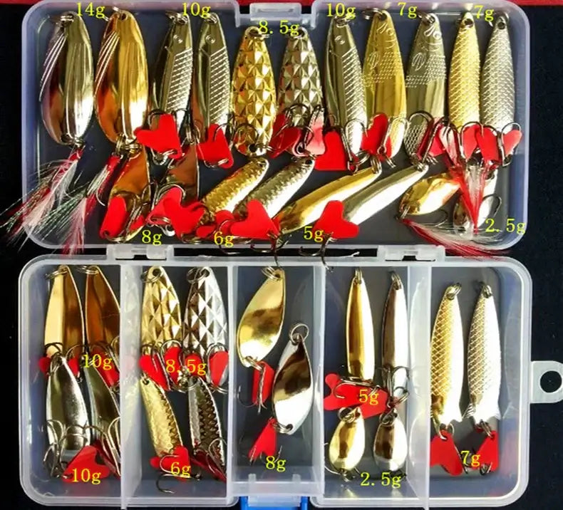 Hot Brilliant Metal Jig Spoon Fishing Lure Set in tackle box, featuring various weights and designs for effective fishing.