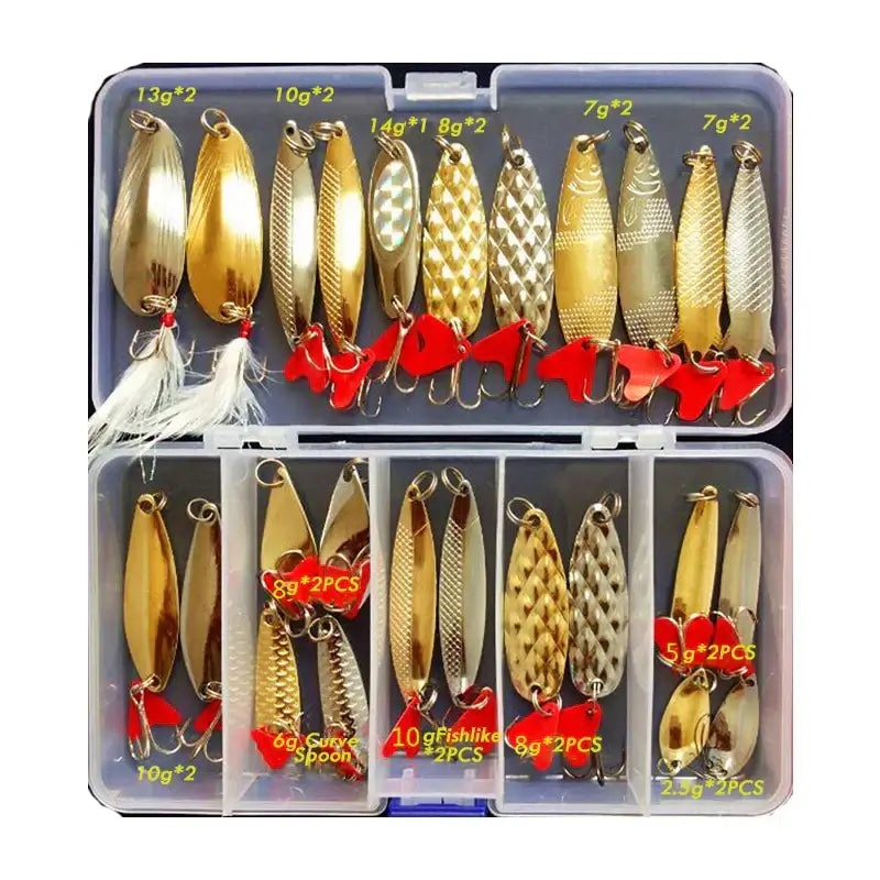 Hot Brilliant Metal Jig Spoon Fishing Lure Set featuring various sizes in a storage box, ideal for freshwater and saltwater fishing.