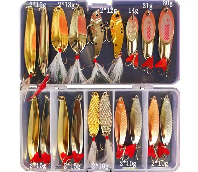 Hot Brilliant Metal Jig Spoon Fishing Lure Set in a tackle box featuring various weights and designs for effective fishing.