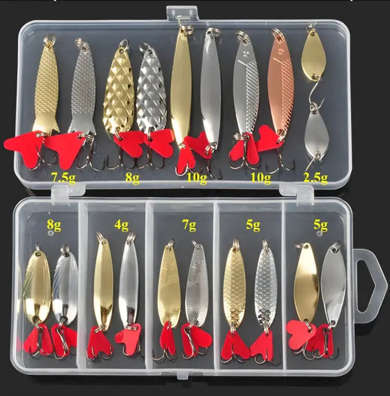 Hot metal jig spoon fishing lure set with varying weights in a transparent storage box.