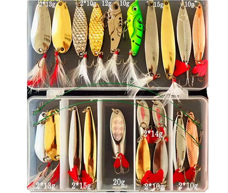 Multi-colored fishing lures in a tackle box including metal jig spoons and vibrant designs, suitable for various fishing environments.