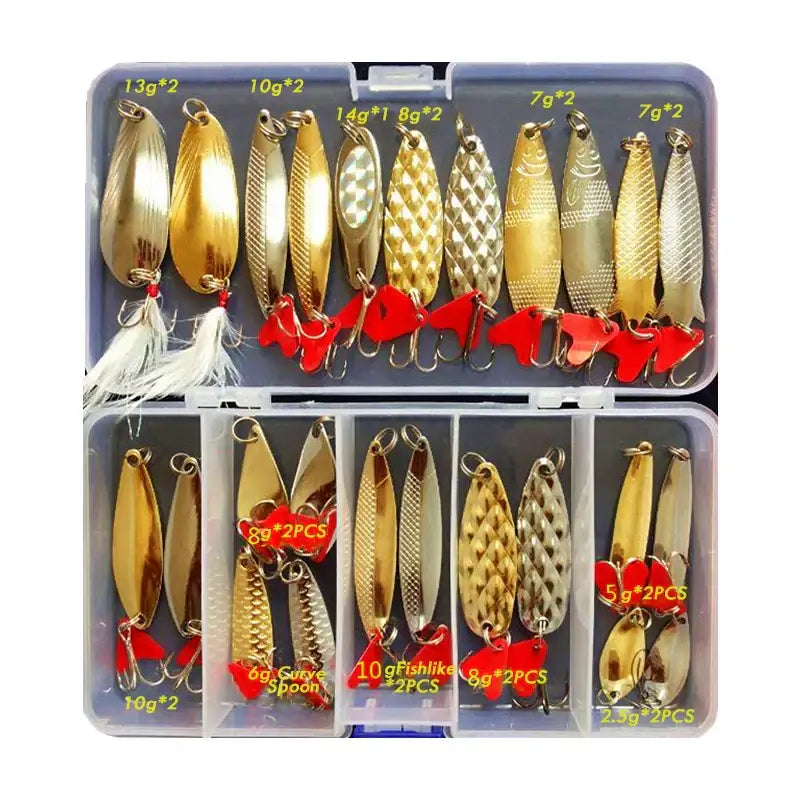 Hot Brilliant Metal Jig Spoon Fishing Lure Set with various sizes and designs in a tackle box.