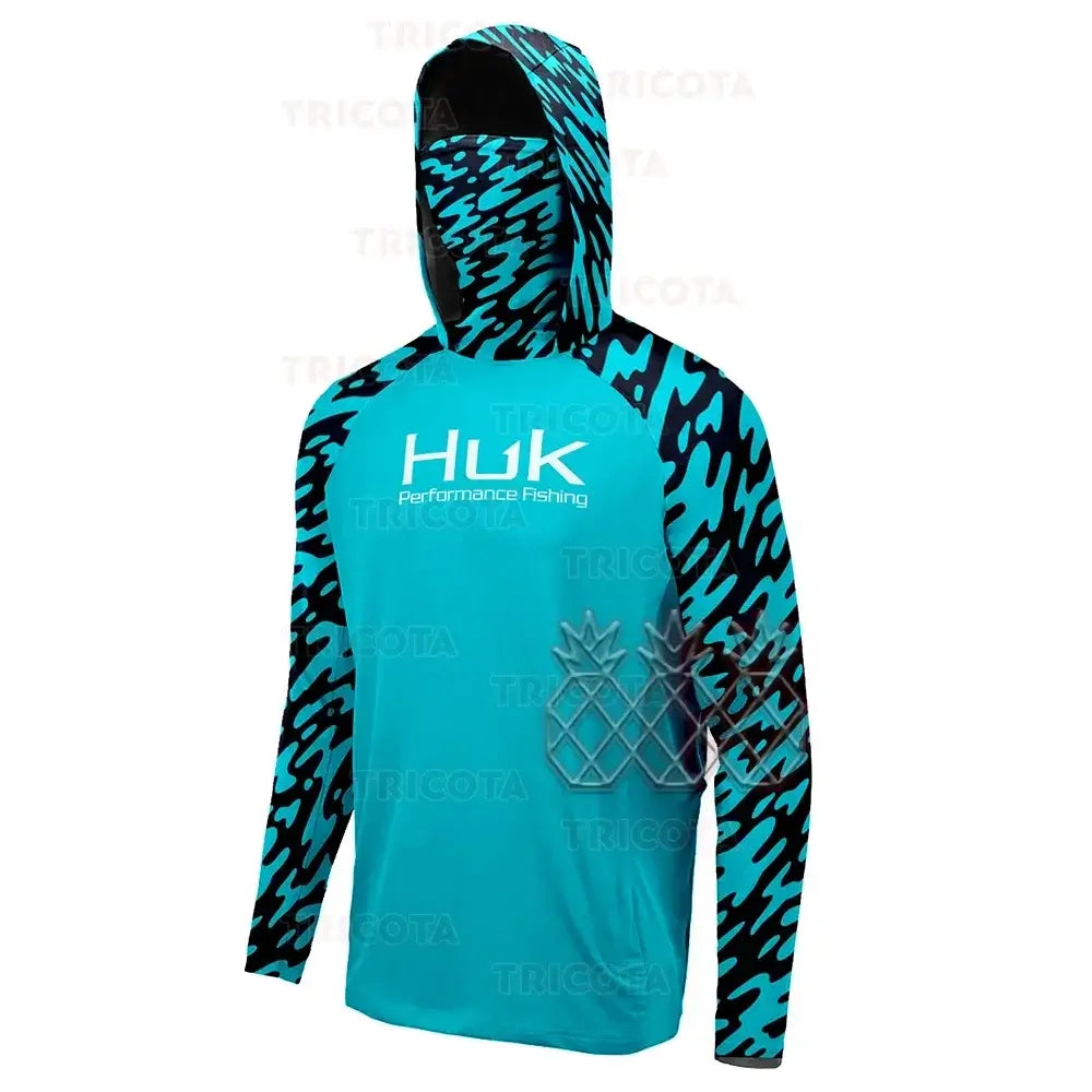 HUK UPF 50+ long sleeve hooded fishing shirt in teal with blue accents, providing UV protection and quick-dry fabric.