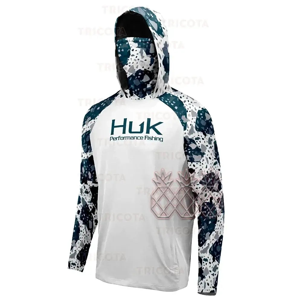 HUK UPF 50+ long sleeve hooded fishing shirt with face cover for UV protection and breathability.
