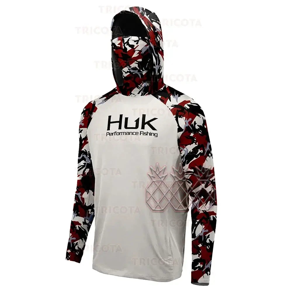 HUK UPF 50+ long sleeve hooded fishing shirt in red and black camo design, offering UV protection and quick-dry fabric.