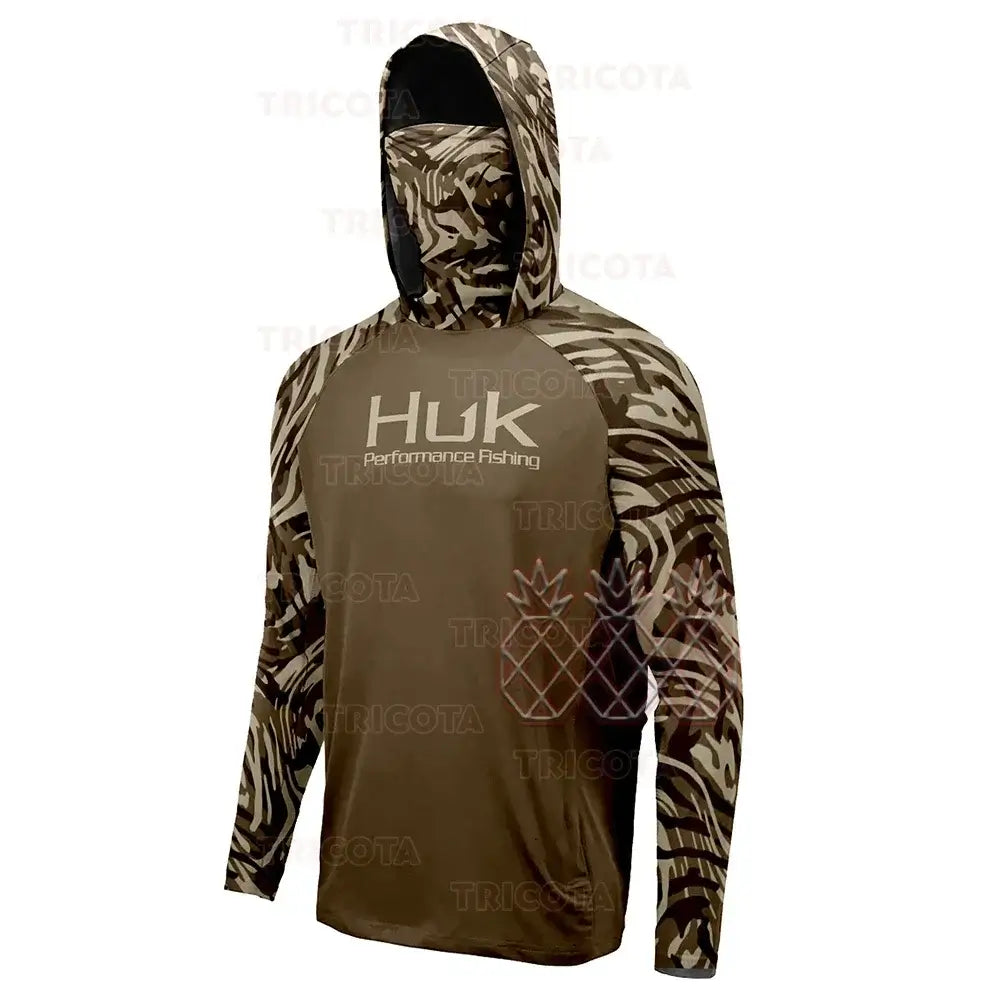 HUK UPF 50+ long sleeve hooded fishing shirt with camouflage design, breathable fabric for UV protection and comfort.