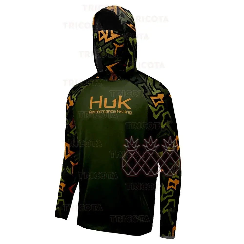 HUK UPF 50+ long sleeve hooded fishing shirt in green camo, breathable quick-dry fabric for UV protection.