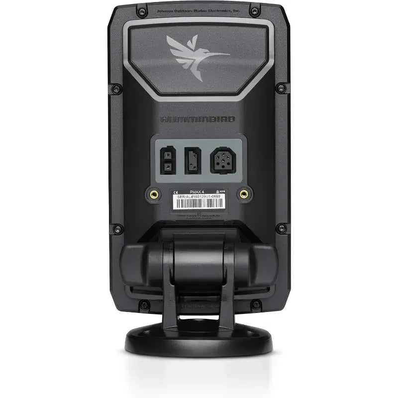 Back view of Humminbird 410160-1 PiranhaMAX 4 DI fish finder featuring connectivity ports and sturdy mount.