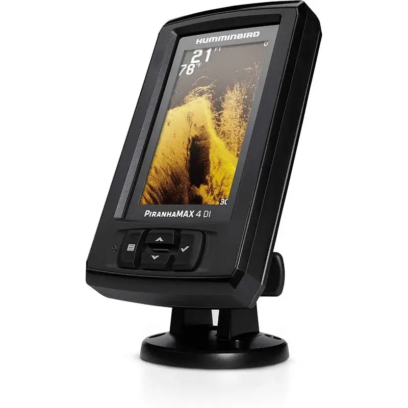 Humminbird PiranhaMAX 4 DI fish finder with Down Imaging display on a mount, showing underwater detail.