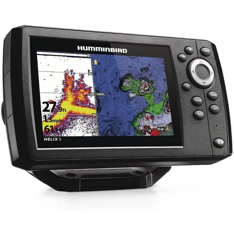 Humminbird 411660-1 Helix 5 Chirp GPS G3 Fish Finder displaying sonar and GPS information.