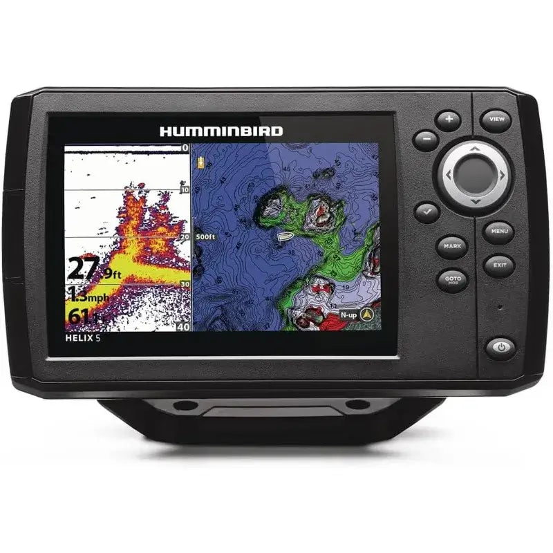 Humminbird Helix 5 Chirp GPS G3 Fish Finder displaying sonar images and GPS data for enhanced fishing.