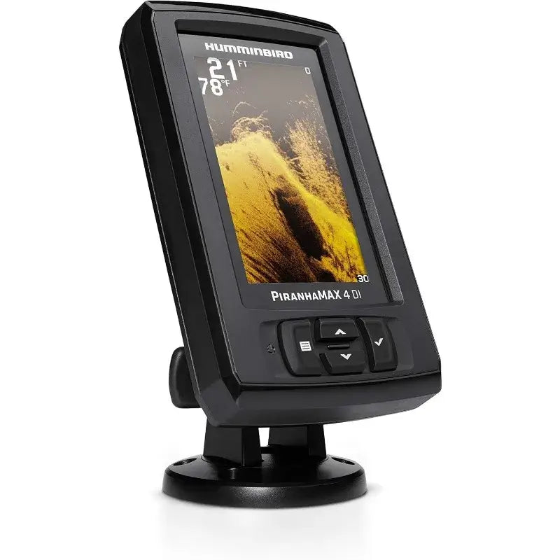 Humminbird PiranhaMAX 4 DI fish finder with down imaging display, showcasing underwater details and contours.