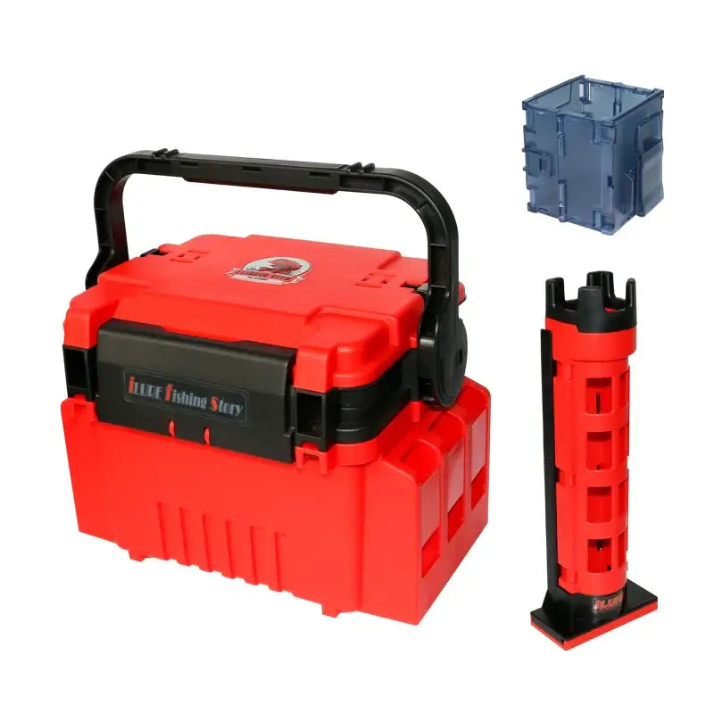 ILURE Fishing Tackle Box in red with multifunction rod holder and storage accessories for anglers and outdoor enthusiasts.