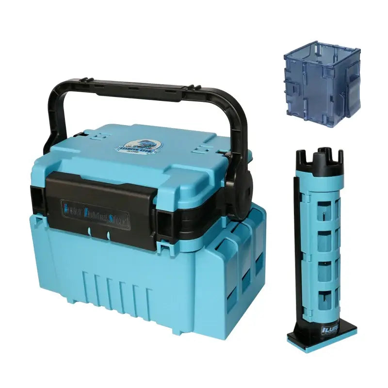 ILURE multifunctional fishing tackle box with rod holder and storage compartment, perfect for anglers.