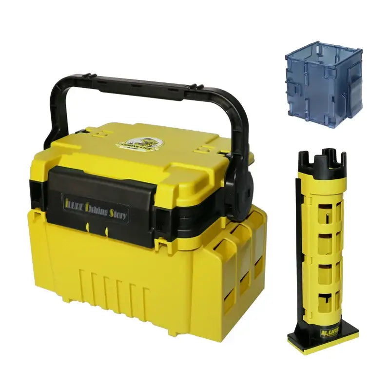 ILURE Fishing Tackle Box in yellow, featuring a durable design with compartments and rod holder for fishing accessories.