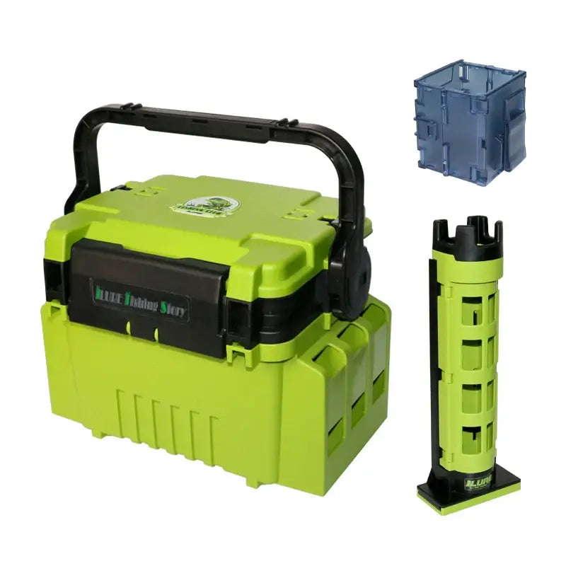 ILURE Fishing Tackle Box in green, featuring rod holder and stackable storage for fishing accessories.