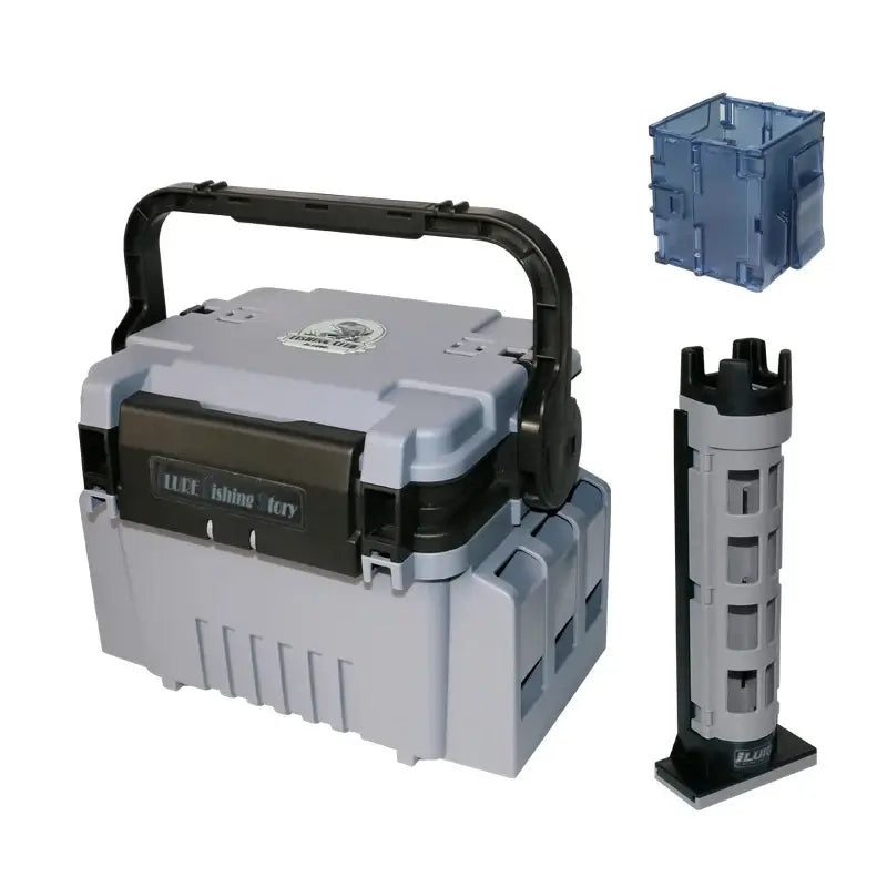 ILURE Fishing Tackle Box with handle, multifunction rod holder, and storage accessories for anglers.