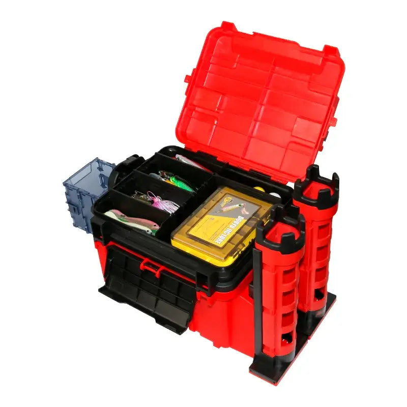 ILURE Fishing Tackle Box with tools and compartments for fishing accessories, showcasing multifunctional design.