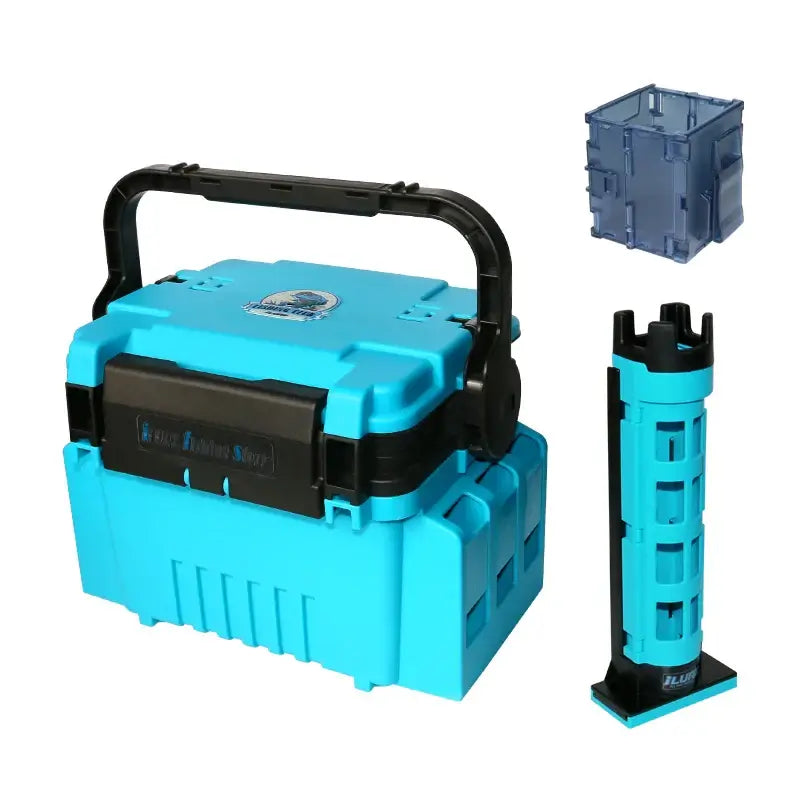 ILURE Fishing Tackle Box in blue, featuring rod holder and cup holder attachments for fishing accessories.