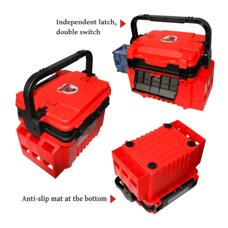 ILURE multifunction fishing tackle box with independent latch, double switch, and anti-slip mat for enhanced storage.