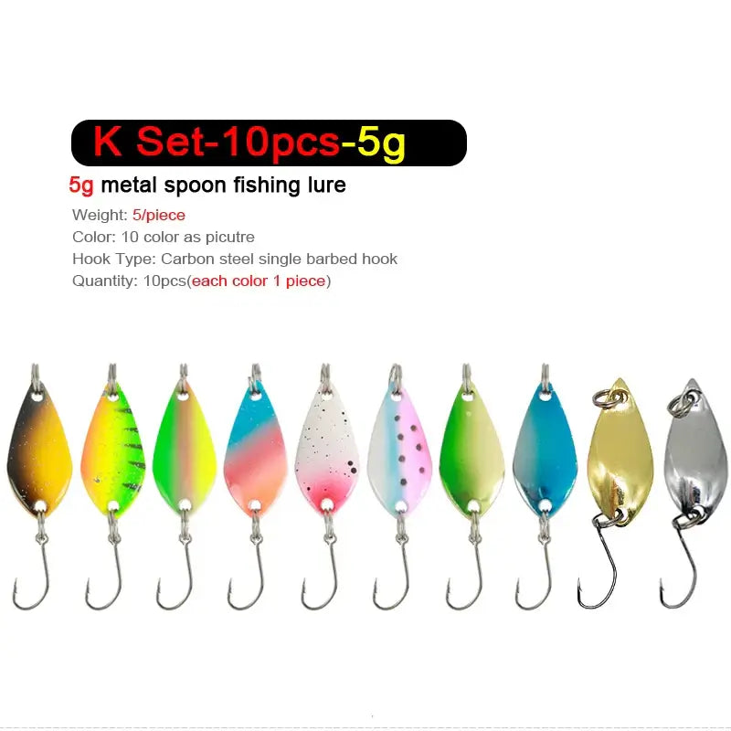 10pcs 5g metal spoon fishing lures set featuring vibrant colors and single barbed hooks for effective fishing.
