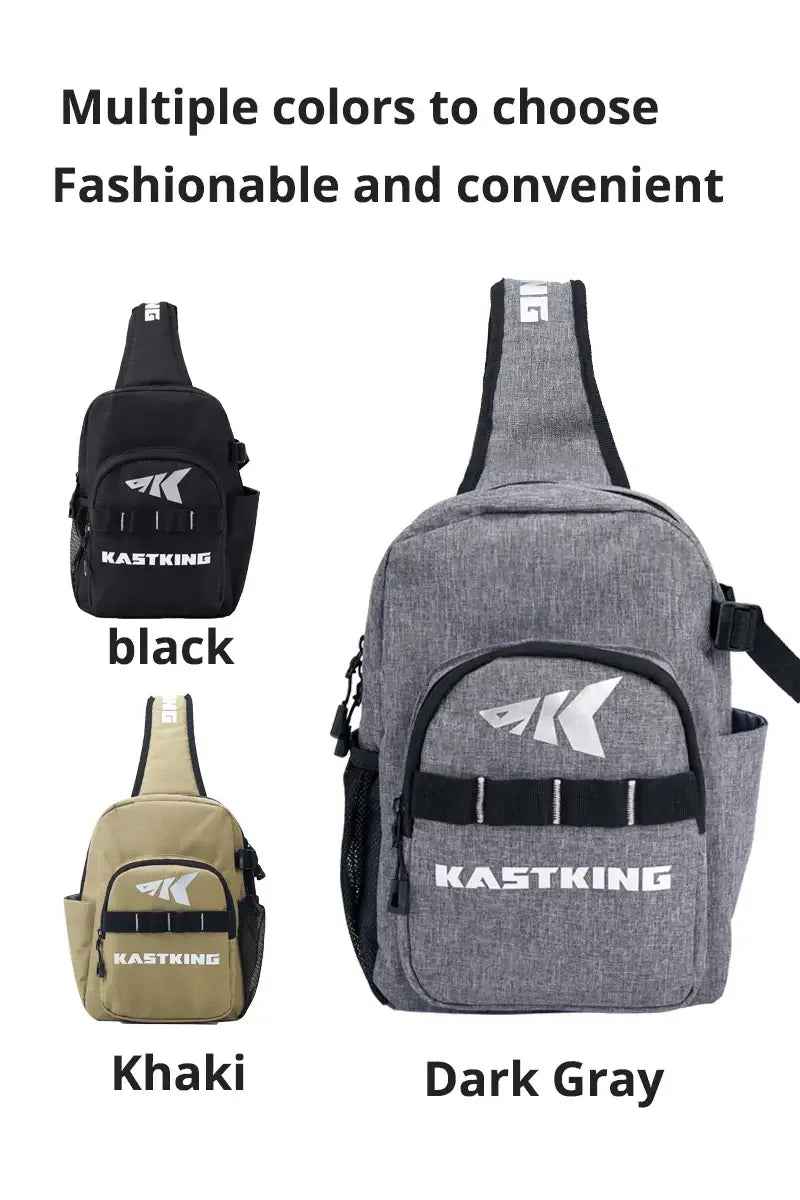 KastKing Bait Boss Fishing Sling Tackle Bag in black, khaki, and dark gray options for stylish, convenient outdoor use.
