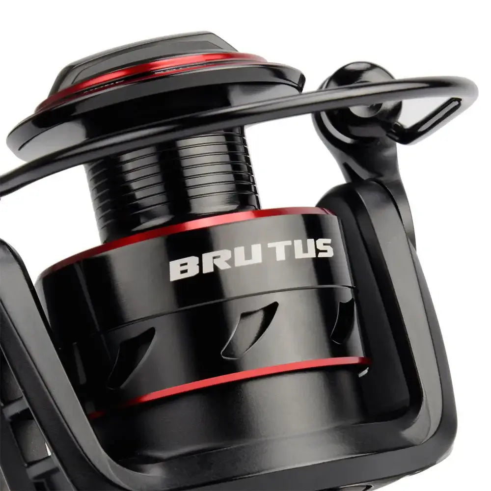 Close-up of KastKing Brutus Super Light spinning reel showcasing sleek design and robust features for fresh water fishing.