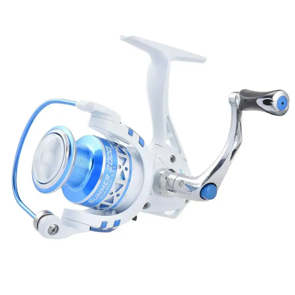 KastKing Summer spinning reel with one-way clutch, 9+1 ball bearings, blue and white design for smooth fishing.