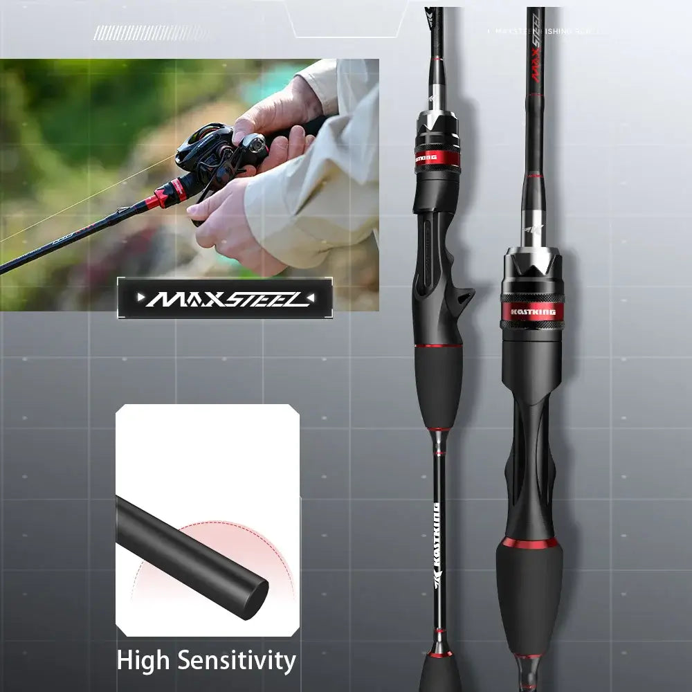 KastKing Max Steel carbon spinning rod showcasing fast action and high sensitivity for versatile fishing.