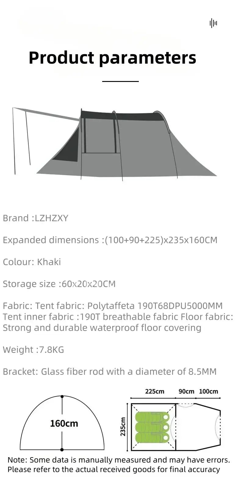 Outdoor camping tent parameters with khaki color, dimensions 235x160cm, lightweight at 7.8kg, made from breathable fabric.
