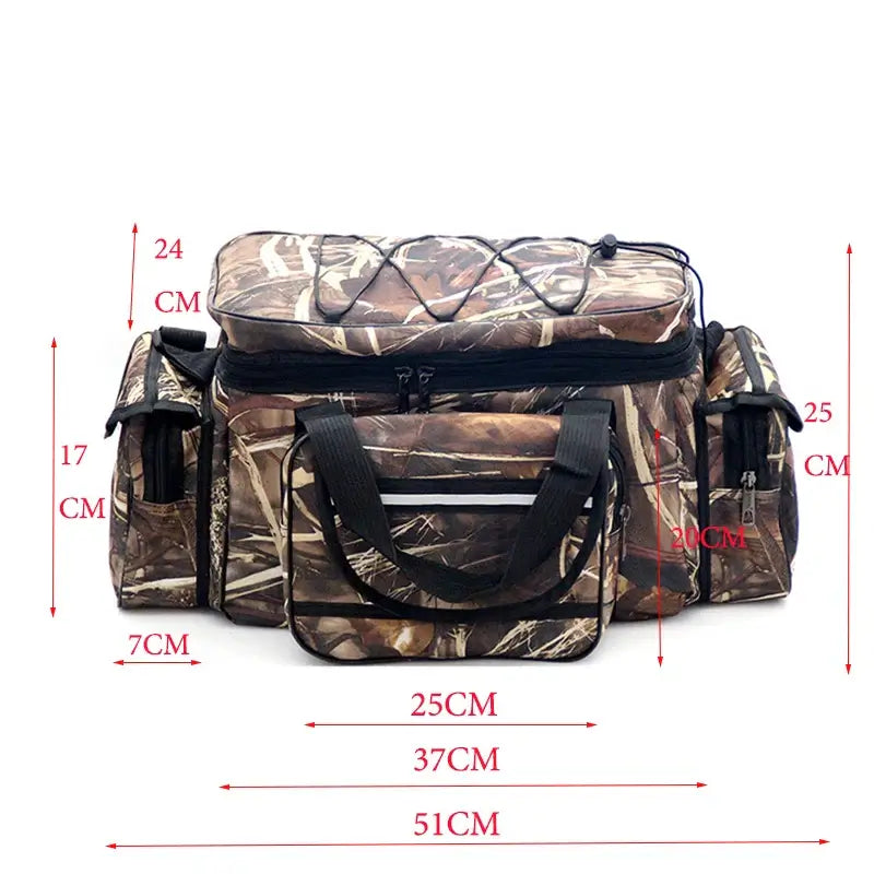 Large capacity waterproof fishing bag with multiple compartments, perfect for outdoor activities and carp fishing.