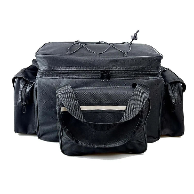 Large capacity waterproof fishing bag with multiple compartments for tackle and lures, designed for outdoor use.