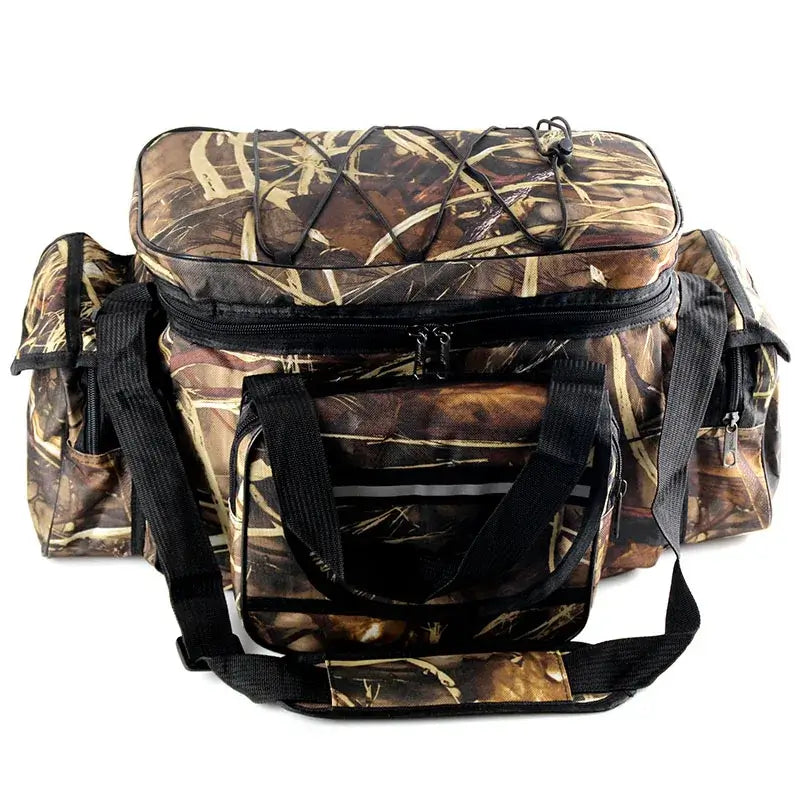 Large capacity waterproof fishing bag with camouflage design, ideal for storing tackle and lures for outdoor activities.