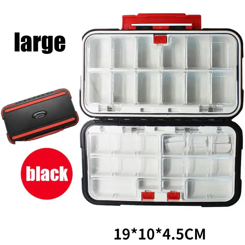 Waterproof double-sided fishing tackle box with clear compartments for hooks and bait, black color, durable design.