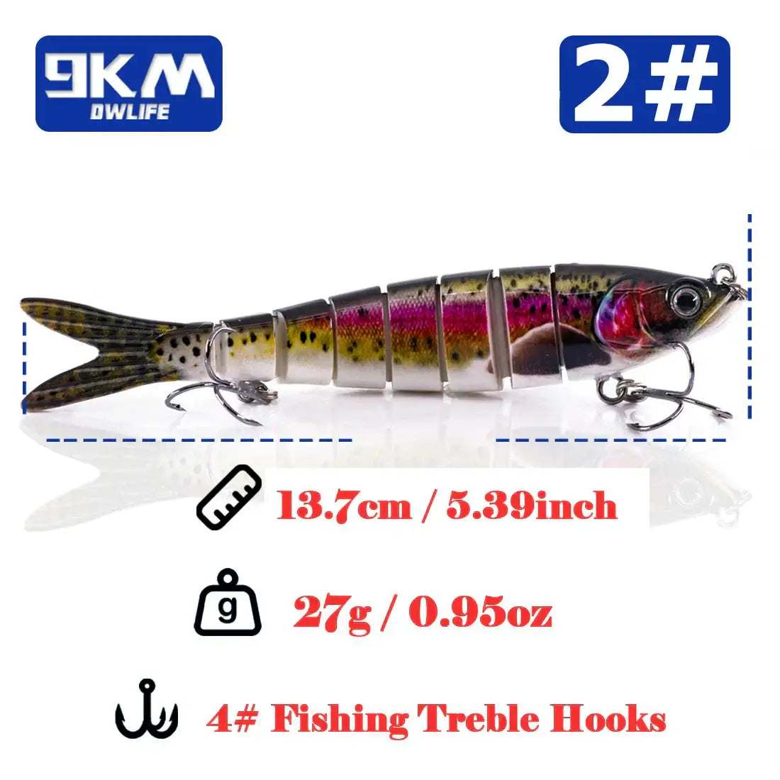 Lifelike 13.7cm multi-jointed swimbait for bass and trout fishing, 27g with 4# treble hooks, ideal for freshwater and topwater.
