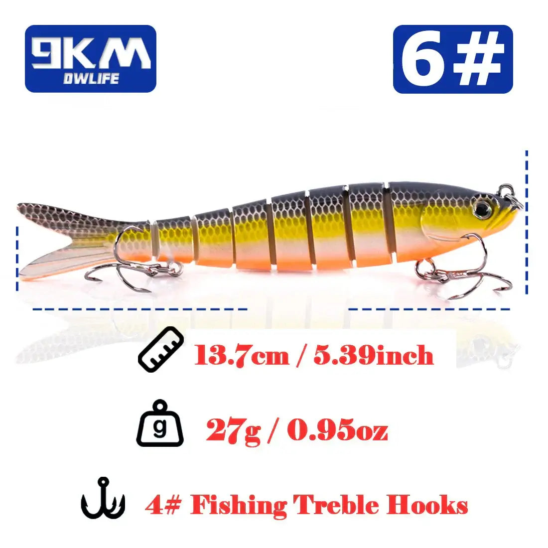 Lifelike multi jointed swimbait fishing lure, 13.7cm, 27g, ideal for bass and trout fishing in freshwater.