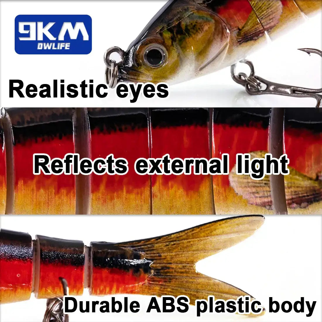 Lifelike multi-jointed fishing lure with realistic eyes, durable ABS plastic body, and vibrant colors for bass and trout fishing.