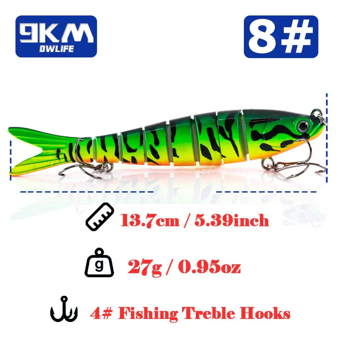 Fishing lure with lifelike design, 5.39 inches, 27g, featuring 4 treble hooks for bass and trout fishing.