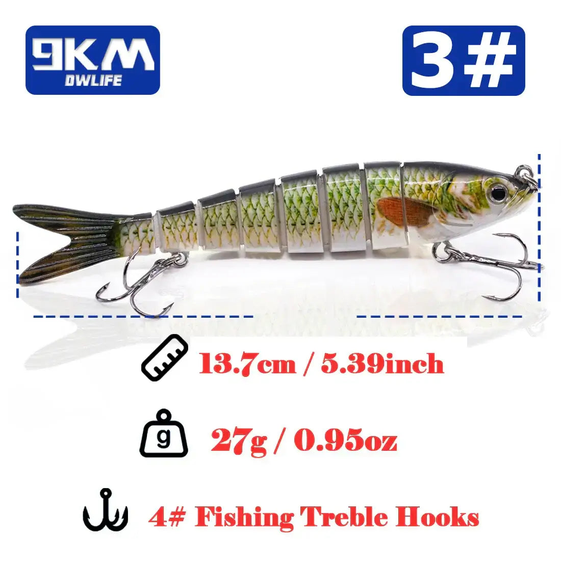 Multi-jointed swimbait fishing lure, 13.7cm, 27g, ideal for bass and trout fishing.